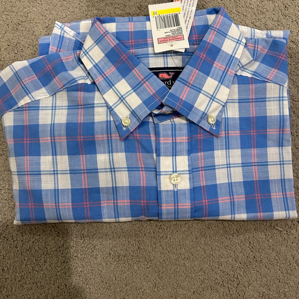 Vineyard Vines Men's Blue and Pink Checkered Shirt